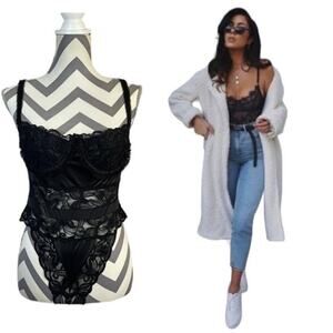 Vintage Victoria's Secret Gold Label Black Sheer Lace Bustier Bodysuit 36B